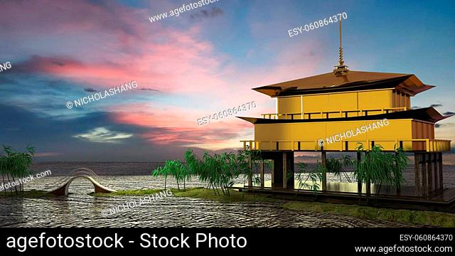 The 3d rendering of nice temple with beautiful background
