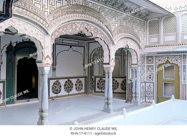 Painted private courtyard at the center of the fort, Kuchaman Fort, Rajasthan state, India, Asia