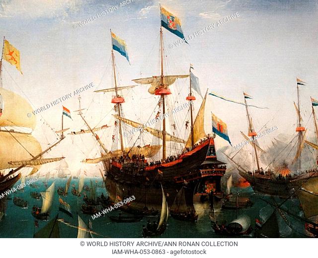 Painting titled 'The Return to Amsterdam of the Second Expedition to the East Indies' Painted by Hendrik Cornelisz Vroom (1566-1640)