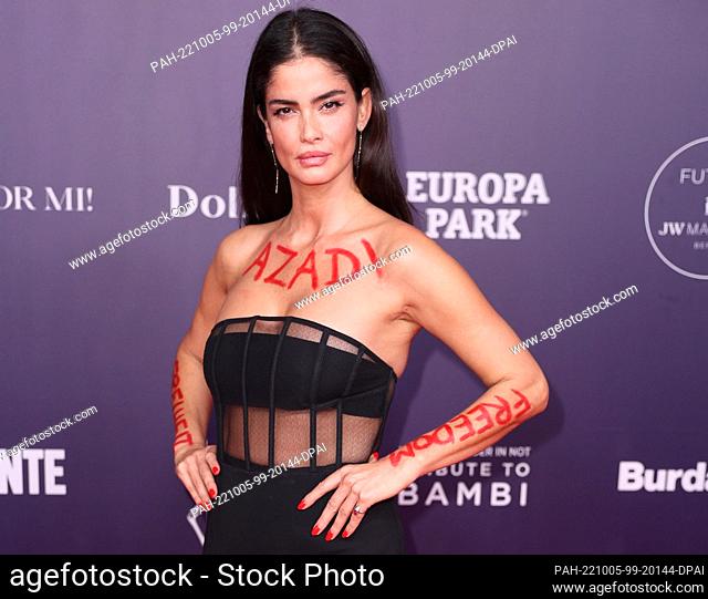 05 October 2022, Berlin: Actress Shermine Shahrivar arrives at the ""Tribute to Bambi"" charity event at the Hotel Berlin Central District with the name...