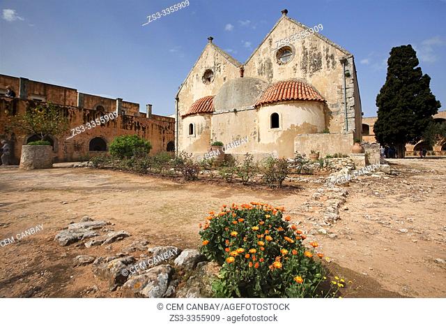 View to the Arkadi Monastery with the lemon tree in the foreground, Rethymno Province, Crete, Greek Islands, Greece, Europe
