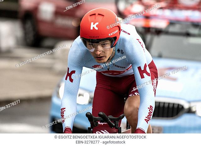 Dmitrii Strakhov at Zumarraga, at the first stage of Itzulia, Basque Country Tour. Cycling Time Trial race