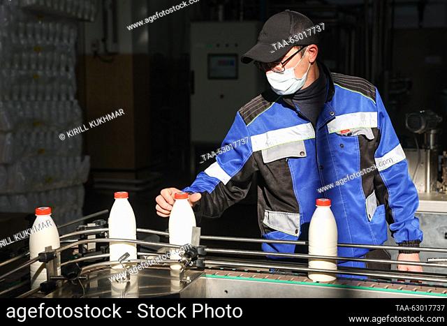 RUSSIA, NOVOSIBIRSK REGION - OCTOBER 5, 2023: A man works on a milk bottle conveyor at the Toguchinskoe Moloko dairy factory in Toguchin
