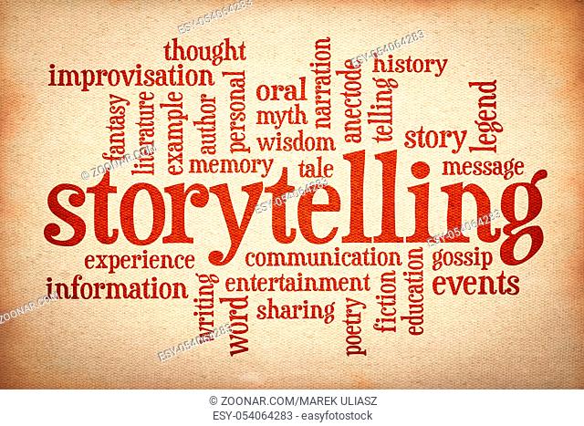 story and storytelling word cloud - red text on canvas