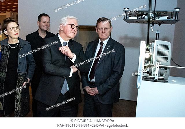 16 January 2019, Berlin: Federal President Frank-Walter Steinmeier (2nd from right) and his wife Elke Büdenbender will be guided through the exhibition together...