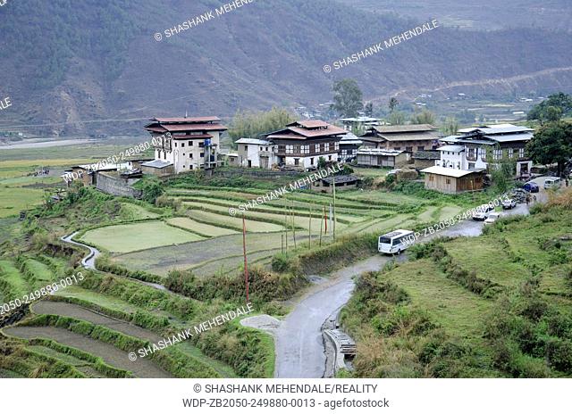 Ariel view Chimi Lhakhang city, Located near Lobesa, Punakha District, Bhutan
