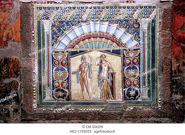 Roman mosaic of Neptune and Amphitrite (sometimes Neptune and his wife Salacia rather than the sea-nymph Amphitrite), Herculaneum, Italy