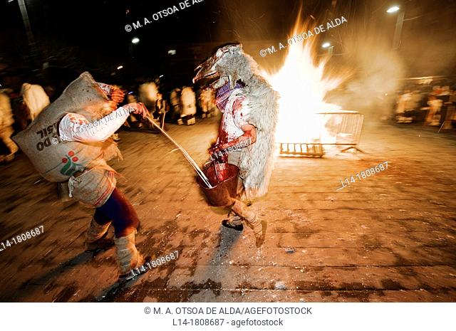 Momotxorros (half man-half bull creatures). Altsasu Carnival, Navarre, Spain