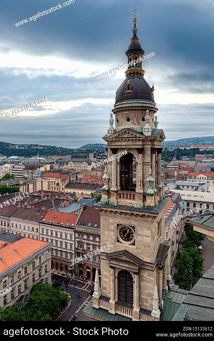 Aerial city view from top of Saint Stephen's Basilica in Budapest, Hungary
