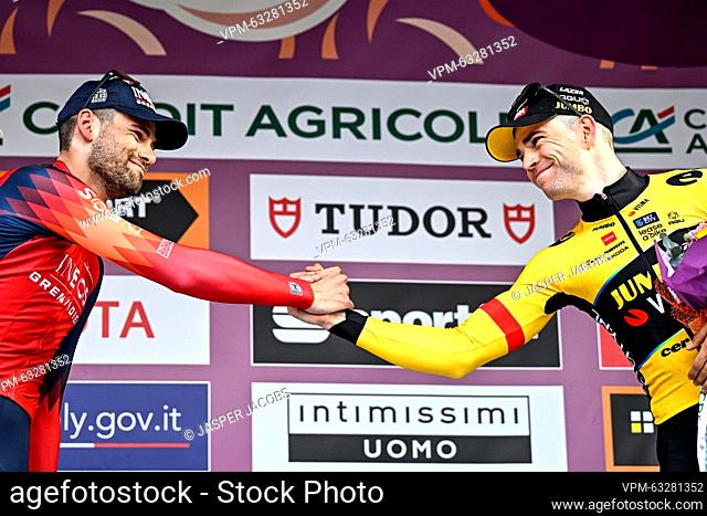 Italian Filippo Ganna of Ineos Grenadiers and Belgian Wout van Aert of Team Jumbo-Visma pictured on the podium after the 'Milano-Sanremo' one day cycling race