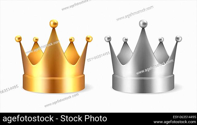 Vector 3d Realistic Golden Crown Icon Set Closeup Isolated on White Background. Yellow and Gray Metallic Crown Design Template, Front View