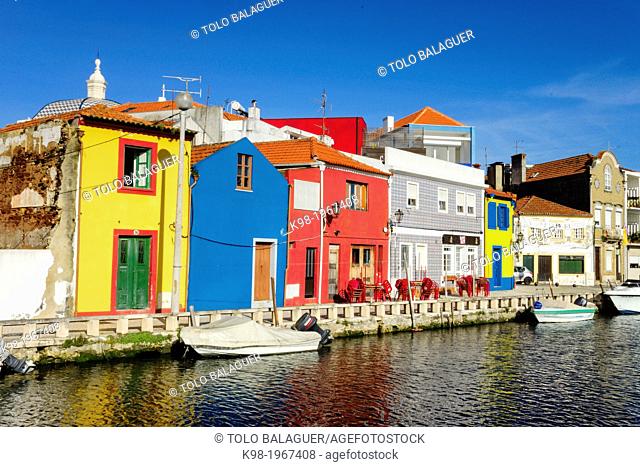 Typical colored houses, San Roque channel, os Botiroes, Aveiro, Beira Litoral, Portugal, Europe
