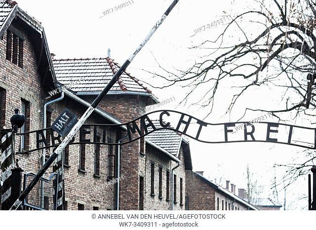 Auschwitz, Poland March 12 2019 Auschwitz Concentration Camp Arbeit Macht Frei Entrance Gate war