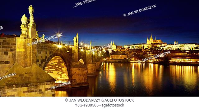 Prague - Hradcany, Charles Bridge, Vitus Cathedral and the Castle District at dusk, Prague, Czech Republic