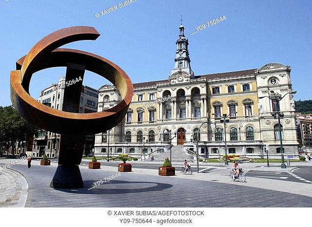 'Variante ovoide de la desocupación de la esfera', sculpture by Jorge Oteiza in front of the Town Hall, Bilbao. Biscay, Basque Country, Spain