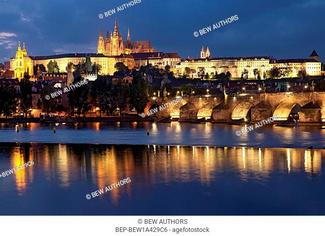 Vltava River, Charles Bridge and Prague Castle at night, Prague