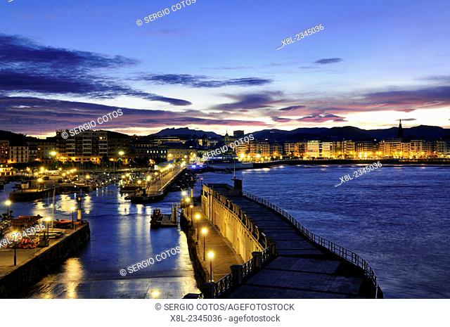 Night view of San Sebastian from Port, Guipuzcoa, Basque Country, Spain
