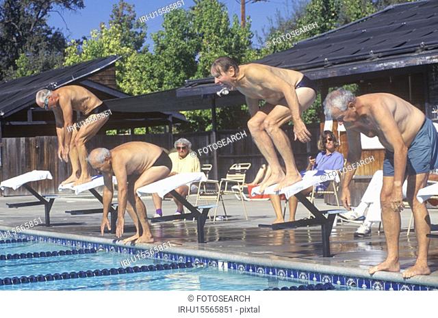 Senior Olympic Swimming competition, Men at starting gate