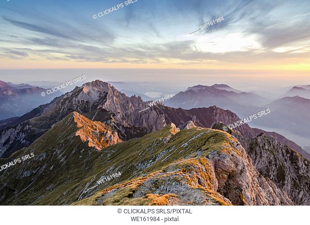 Grignetta at sunset seen from the top of Grigna, Lecco Province Lombardy Italy Europe