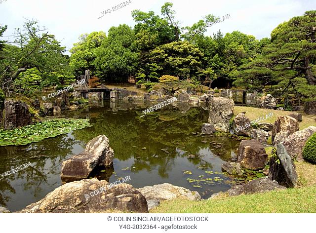 Nijo Castle, Garden of rocks, water, trees and their reflections, designed by Kobori Enshu beginning of 17th. century. In the grounds of the Castle close to the...