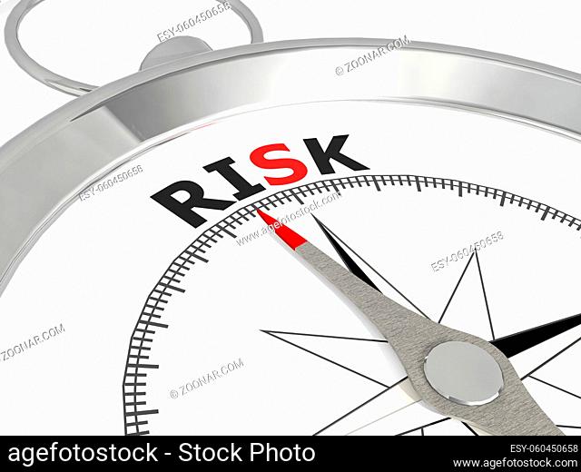 Risk word on metalic compass, 3D rendering