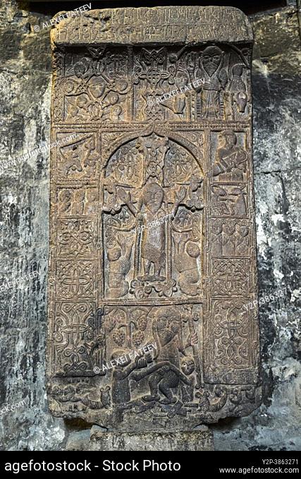 17th century khachkar (traditional Armenian stone cross) in Surb Astvatsatsin church at Sevanavank monastery in Armenia
