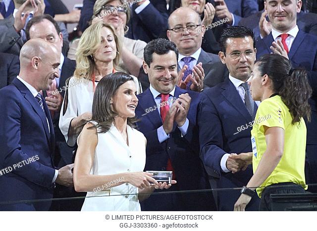 Queen Letizia of Spain delivery the trophy to referees after winning Spanish Queen's Cup (Copa de la Reina) final match Real Sociedad vs At