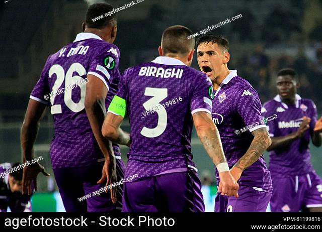 Fiorentina's M'Bala Nzola celebrates after scoring during a soccer game between Italian ACF Fiorentina and Belgian KRC Genk