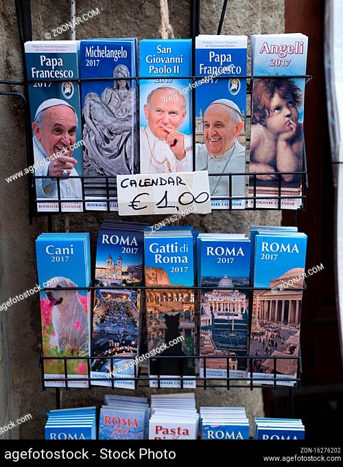 CASTEL GANDOLFO, ITALY - OCTOBER 19, 2016: Various pope calendars in front of a shop