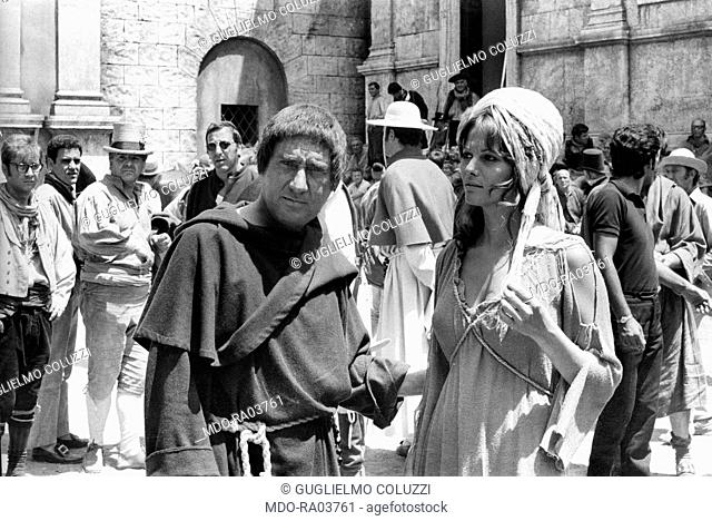 Italian actress Claudia Cardinale (Claude JosÃ©phine Rose Cardinale) beside Italian actor Alberto Sordi dressed as a friar on the set of the film The...