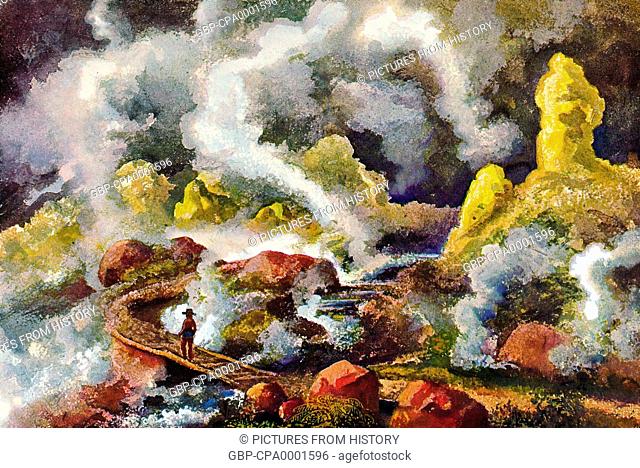 Indonesia: The interior of Papandayan Volcano crater, Java. Watercolour by the German scientist and traveller Ernst Haeckel, c.1882