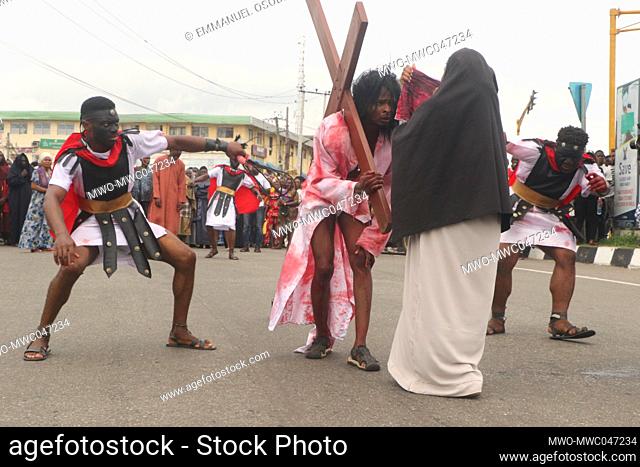 Catholic faithful In Ikeja area of Lagos, portraying Jesus Christ performs in the crucifixion and death of Jesus Christ in observance of Good Friday