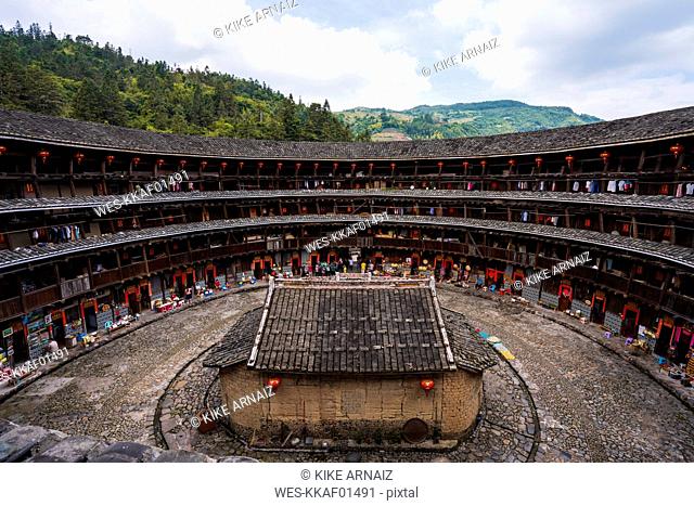 China, Fujian Province, inner courtyard of a tulou in a Hakka village