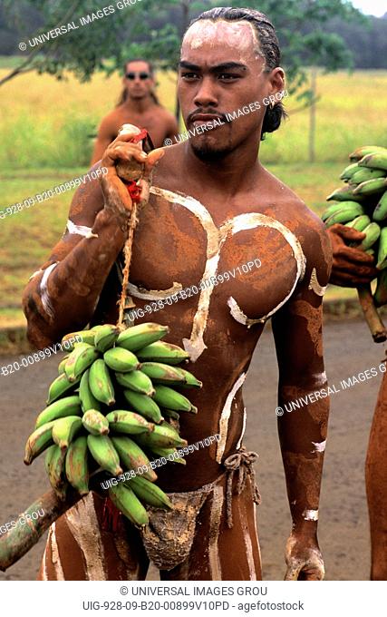 Easter Island. Native Man Preparing To Compete In Banana Race During Tapati Festival Rapa Nui
