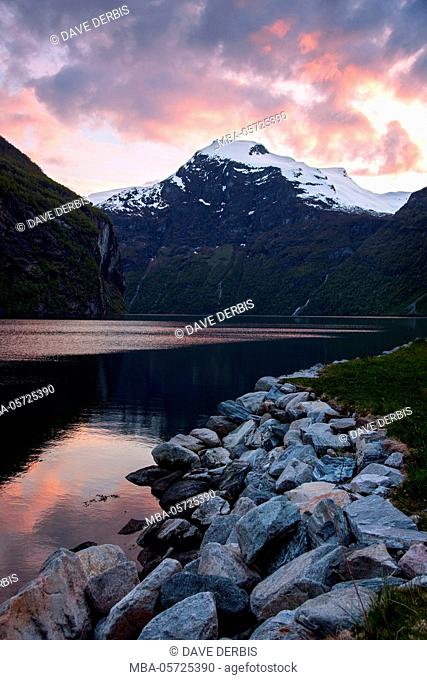 Geirangerfjord, sundown, fjord, mountains, Romsdal, Norway, Europe