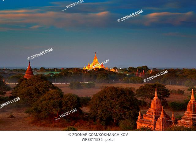 Landscape with illuminated Temples of Bagan in dusk after sunset, Myanmar (Burma)