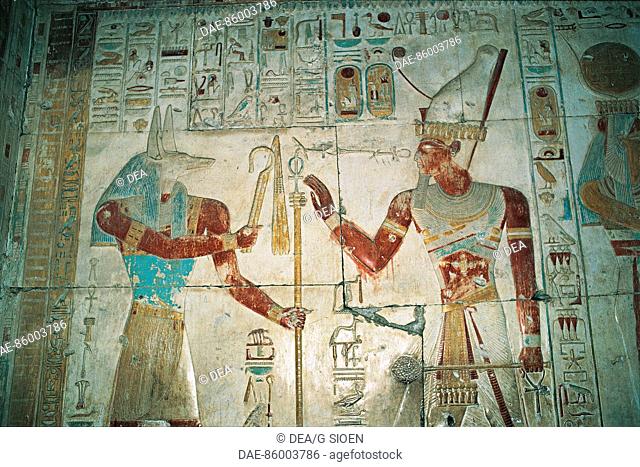 Egypt - Abydos. Temple of pharaoh Seti I, New Kingdom, Dynasty XIX, Osiris chapel. Detail, painted relief