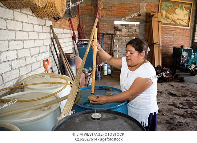 Santiago Matatlán, Oaxaca, Mexico - At a mezcal distillery, a woman draws a sample for visitors to taste
