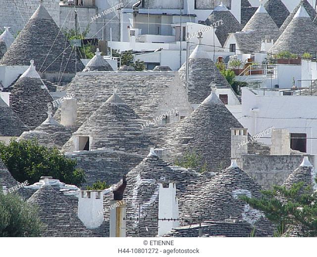 Alberobello, Apulia, homes, houses, Italy, Europe, overview, roofs, Trulli, typical, village