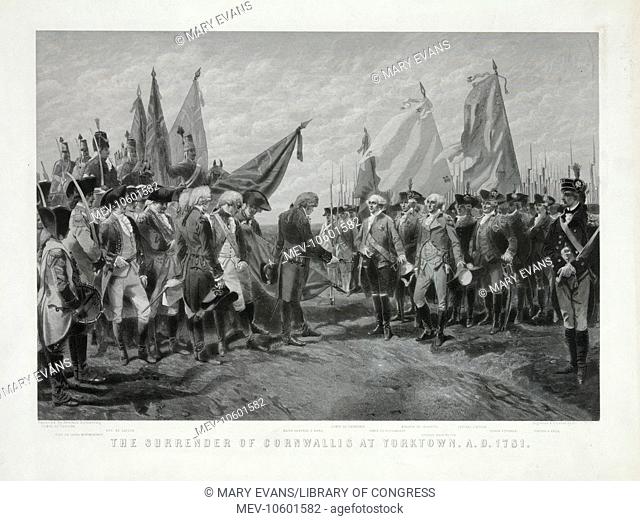 The surrender of Cornwallis at Yorktown A.D. 1781. Print depicts the surrender of the British forces after the Battle of Yorktown