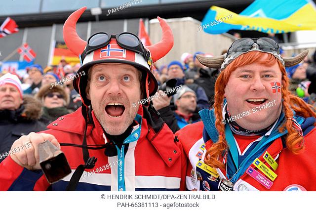 Spectators celebrate prior to the mixed relay competition at the Biathlon World Championships, in the Holmenkollen Ski Arena, Oslo, Norway, 03 March 2016