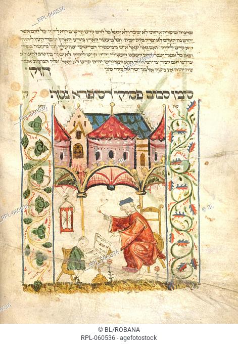 A Jewish teacher and pupil. Vellum manuscript. Image taken from Coburg Pentateuch. Originally published/produced in Coburg 1395