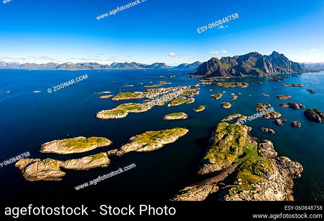 Henningsvaer Lofoten is an archipelago in the county of Nordland, Norway. Is known for a distinctive scenery with dramatic mountains and peaks