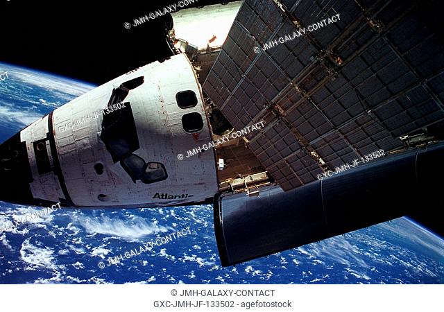 This photo of the crew cabin of the Space Shuttle Atlantis was taken from Russia's Mir Space Station as the two spacecraft jointly orbited Earth in late March...