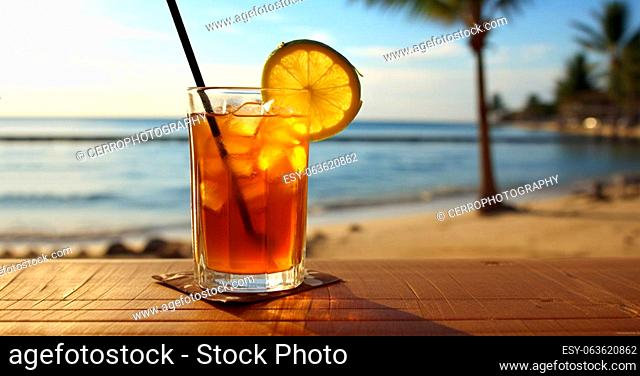 Concept of luxury vacation. Cuba Libre cocktail on the pier. Long island ice tea cocktail on the pier. Tropical vacation background. Right side angle