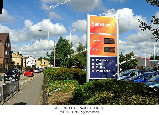 Petrol prices at Sainsbury supermarket at Apsley, Hertfordshire, UK
