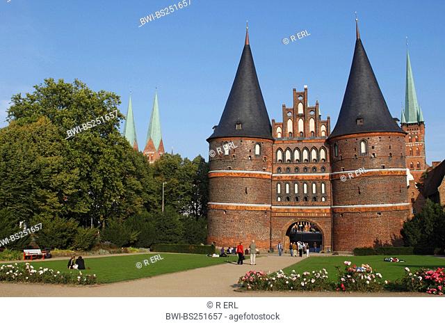 Holsten Gate with Petri Church and cathedral, Germany, Schleswig-Holstein, Luebeck