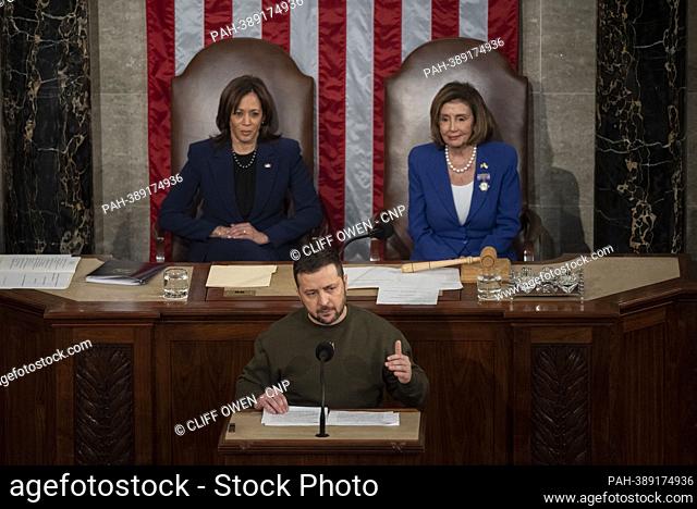 United States Vice President Kamala Harris, left, and Speaker of the US House of Representatives Nancy Pelosi (Democrat of California) look on as President...