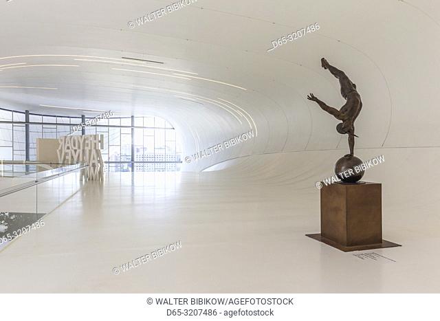 Azerbaijan, Baku, Heydar Aliyev Cultural Center, building designed by Zaha Hadid, interior, Equilibrium in One Arm, sculpture by Jorge Martin, NR