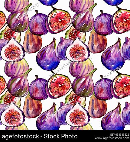 Exotic figs healthy food in a watercolor style pattern. Full name of the fruit: figs. Aquarelle wild fruit for background, texture, wrapper pattern or menu
